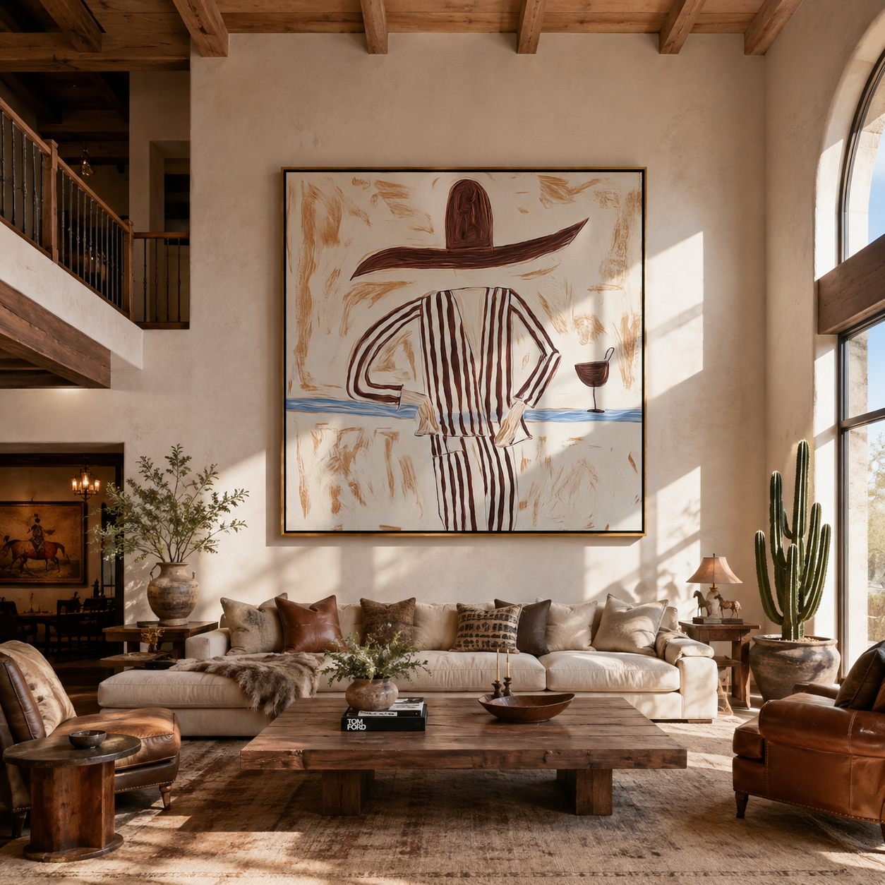 Brown Lines Wait beside Wine - Striped Standing Wine Figure painting by Adrian Lee, mid-century modern square wall art – styled room scene view 5
