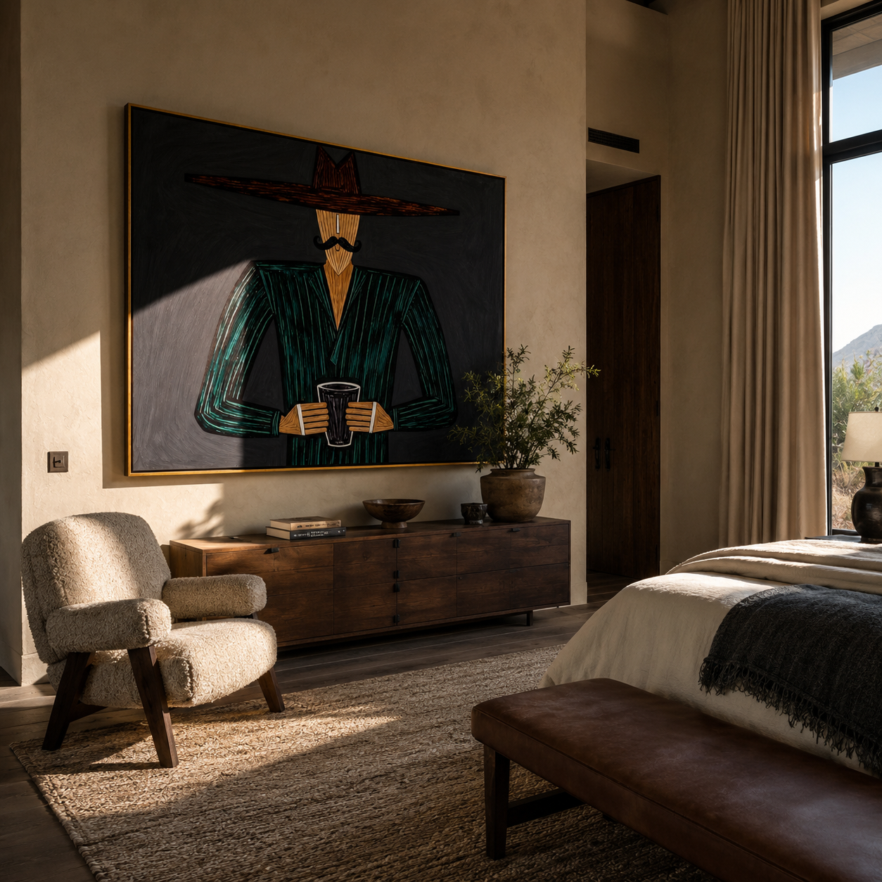 Green Stripes Hold the Cup - Green Stripe Hat Figure painting by Adrian Lee, mid-century modern horizontal wall art – styled room scene view 1