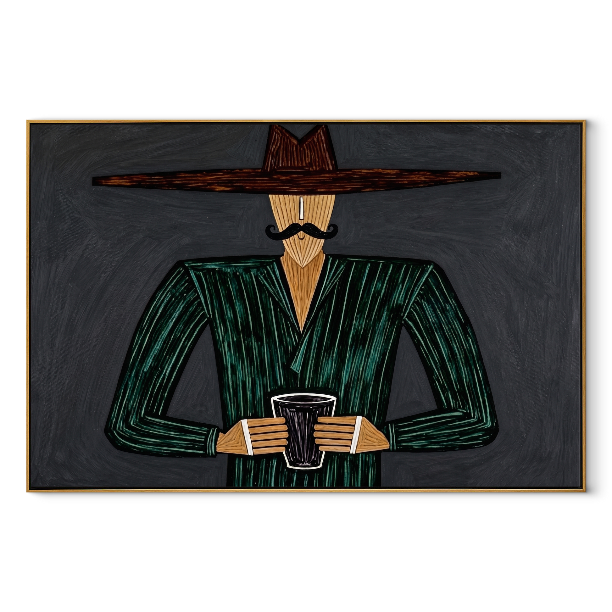 Green Stripes Hold the Cup - Green Stripe Hat Figure painting by Adrian Lee, mid-century modern horizontal wall art – wood frame on white background
