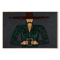 Green Stripes Hold the Cup - Green Stripe Hat Figure painting by Adrian Lee, mid-century modern horizontal wall art – wood frame on white background