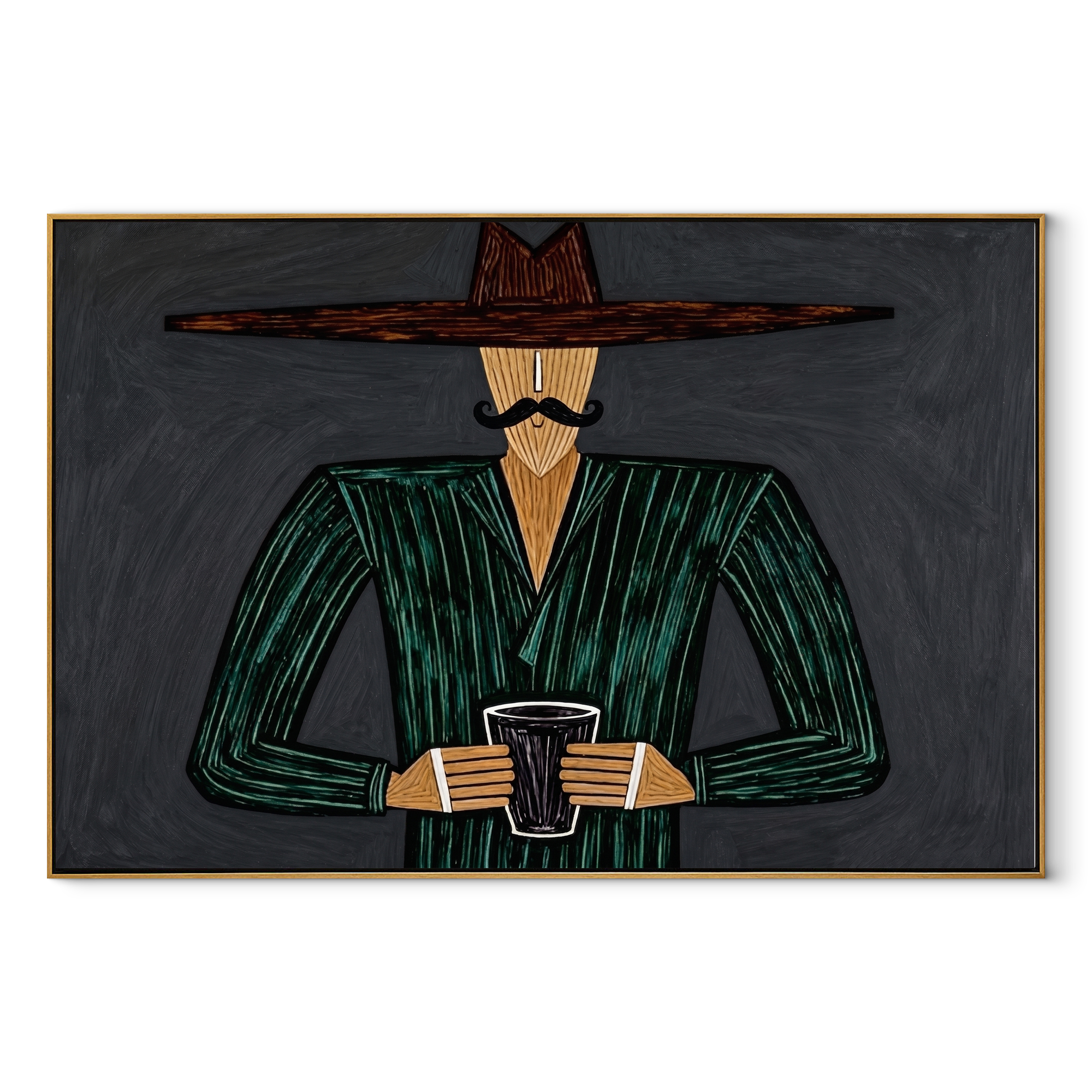 Green Stripes Hold the Cup - Green Stripe Hat Figure painting by Adrian Lee, mid-century modern horizontal wall art – wood frame on white background
