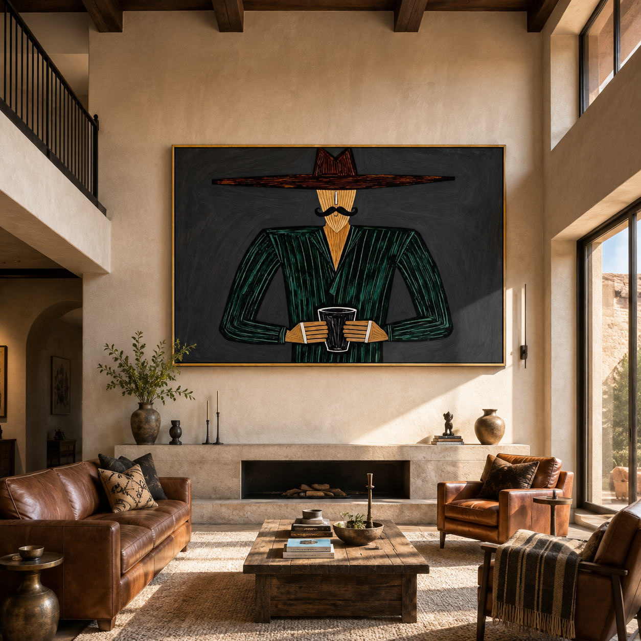 Green Stripes Hold the Cup - Green Stripe Hat Figure painting by Adrian Lee, mid-century modern horizontal wall art – styled room scene view 2