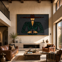 Green Stripes Hold the Cup - Green Stripe Hat Figure painting by Adrian Lee, mid-century modern horizontal wall art – styled room scene view 2
