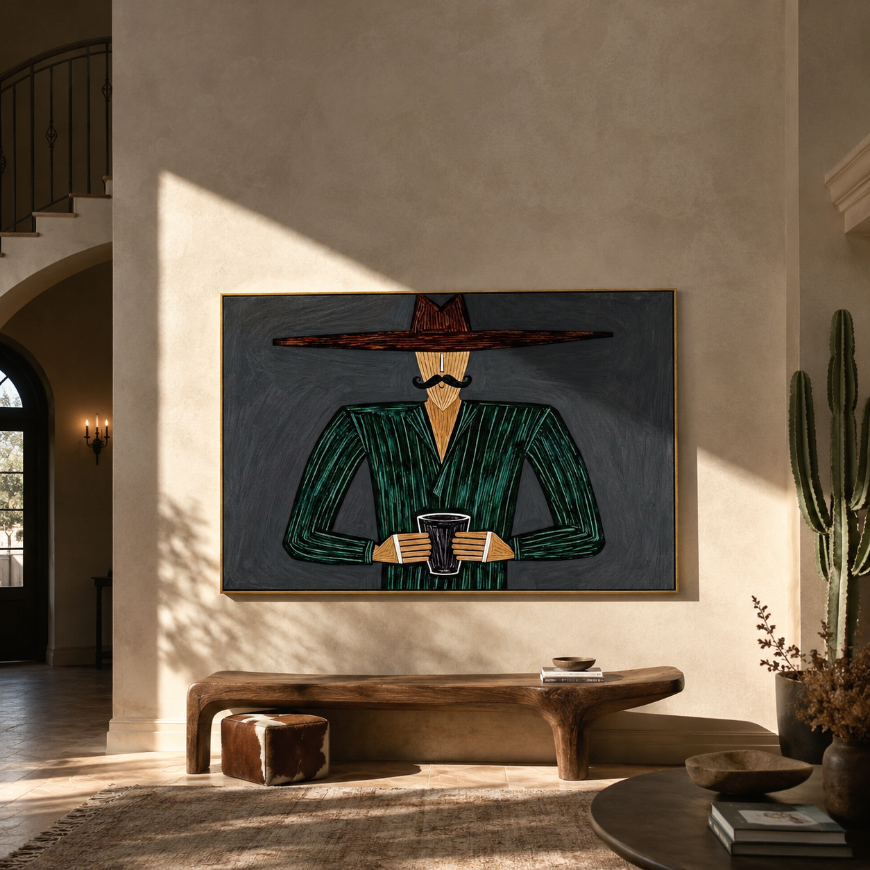 Green Stripes Hold the Cup - Green Stripe Hat Figure painting by Adrian Lee, mid-century modern horizontal wall art – styled room scene view 3
