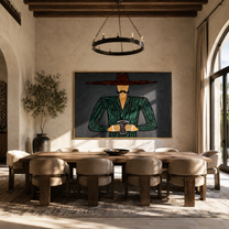 Green Stripes Hold the Cup - Green Stripe Hat Figure painting by Adrian Lee, mid-century modern horizontal wall art – styled room scene view 4