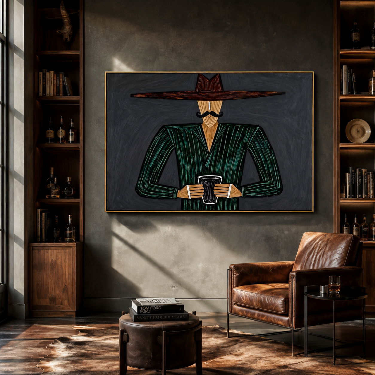 Green Stripes Hold the Cup - Green Stripe Hat Figure painting by Adrian Lee, mid-century modern horizontal wall art – styled room scene view 5