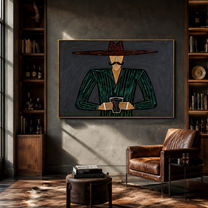 Green Stripes Hold the Cup - Green Stripe Hat Figure painting by Adrian Lee, mid-century modern horizontal wall art – styled room scene view 5