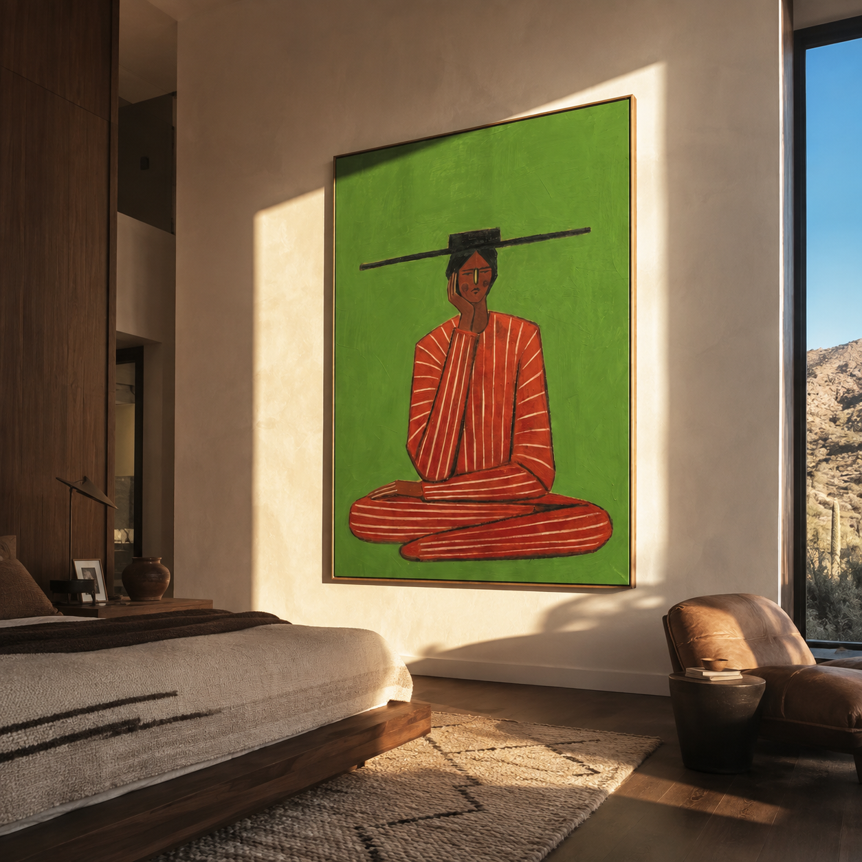 Scarlet Stillness Sits Green - Seated Red Stripe Figure painting by Adrian Lee, mid-century modern vertical wall art – styled room scene view 1