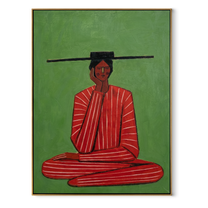 Scarlet Stillness Sits Green - Seated Red Stripe Figure painting by Adrian Lee, mid-century modern vertical wall art – wood frame on white background