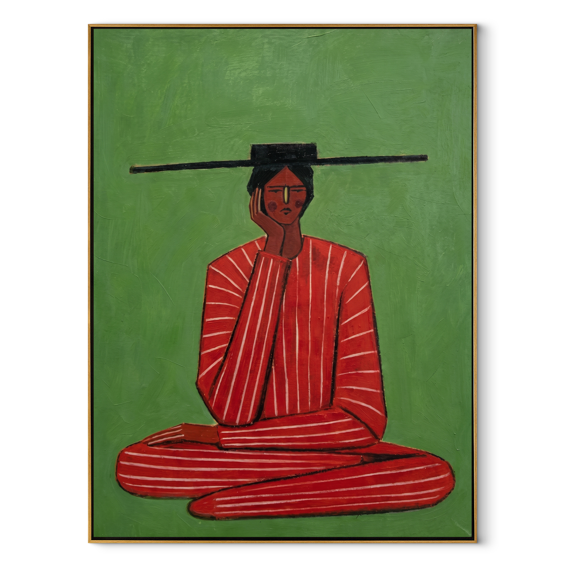 Scarlet Stillness Sits Green - Seated Red Stripe Figure painting by Adrian Lee, mid-century modern vertical wall art – wood frame on white background