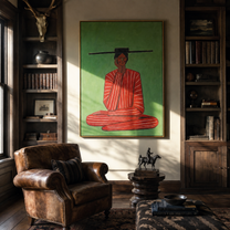 Scarlet Stillness Sits Green - Seated Red Stripe Figure painting by Adrian Lee, mid-century modern vertical wall art – styled room scene view 2
