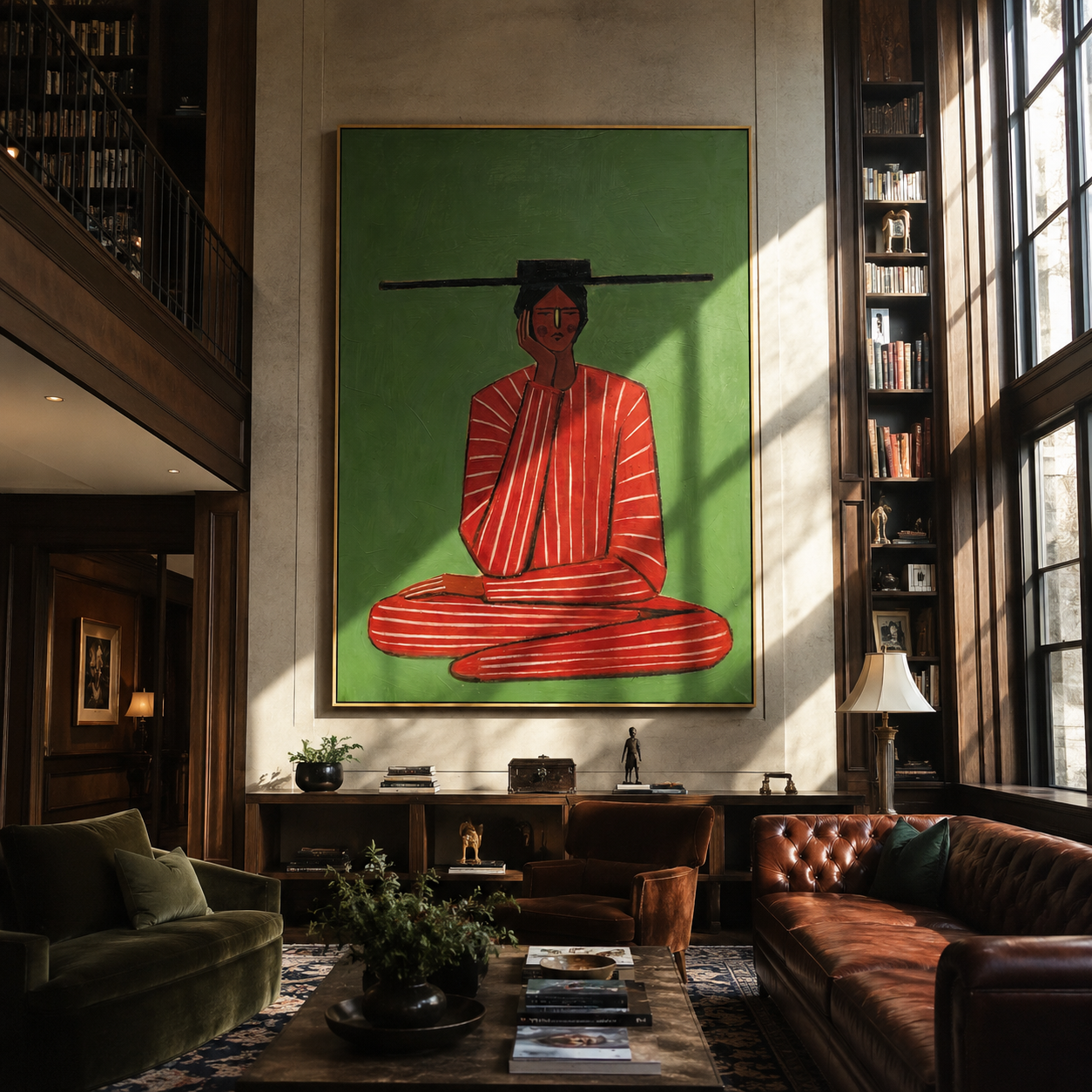 Scarlet Stillness Sits Green - Seated Red Stripe Figure painting by Adrian Lee, mid-century modern vertical wall art – styled room scene view 3