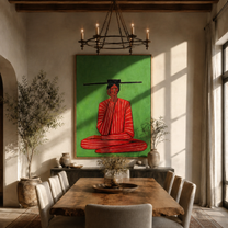 Scarlet Stillness Sits Green - Seated Red Stripe Figure painting by Adrian Lee, mid-century modern vertical wall art – styled room scene view 4