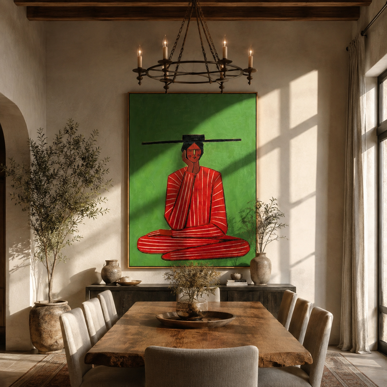 Scarlet Stillness Sits Green - Seated Red Stripe Figure painting by Adrian Lee, mid-century modern vertical wall art – styled room scene view 4
