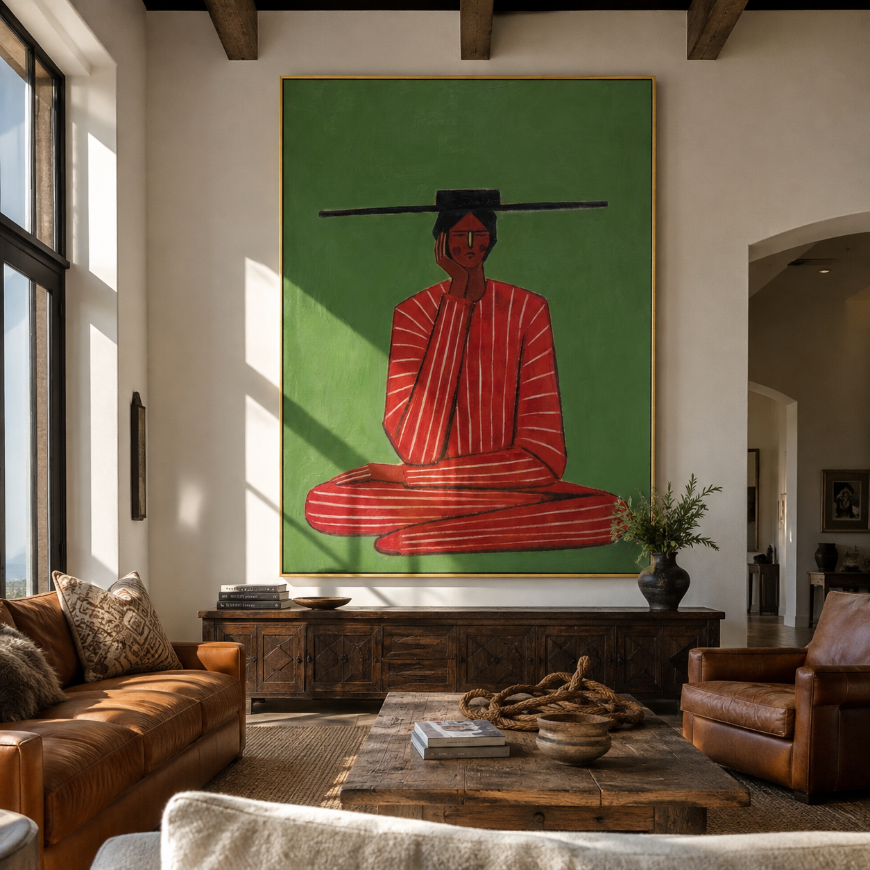 Scarlet Stillness Sits Green - Seated Red Stripe Figure painting by Adrian Lee, mid-century modern vertical wall art – styled room scene view 5