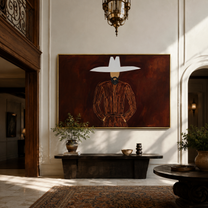 White Horizon Guards Umber - White Hat Brown Portrait painting by Adrian Lee, mid-century modern horizontal wall art – styled room scene view 1