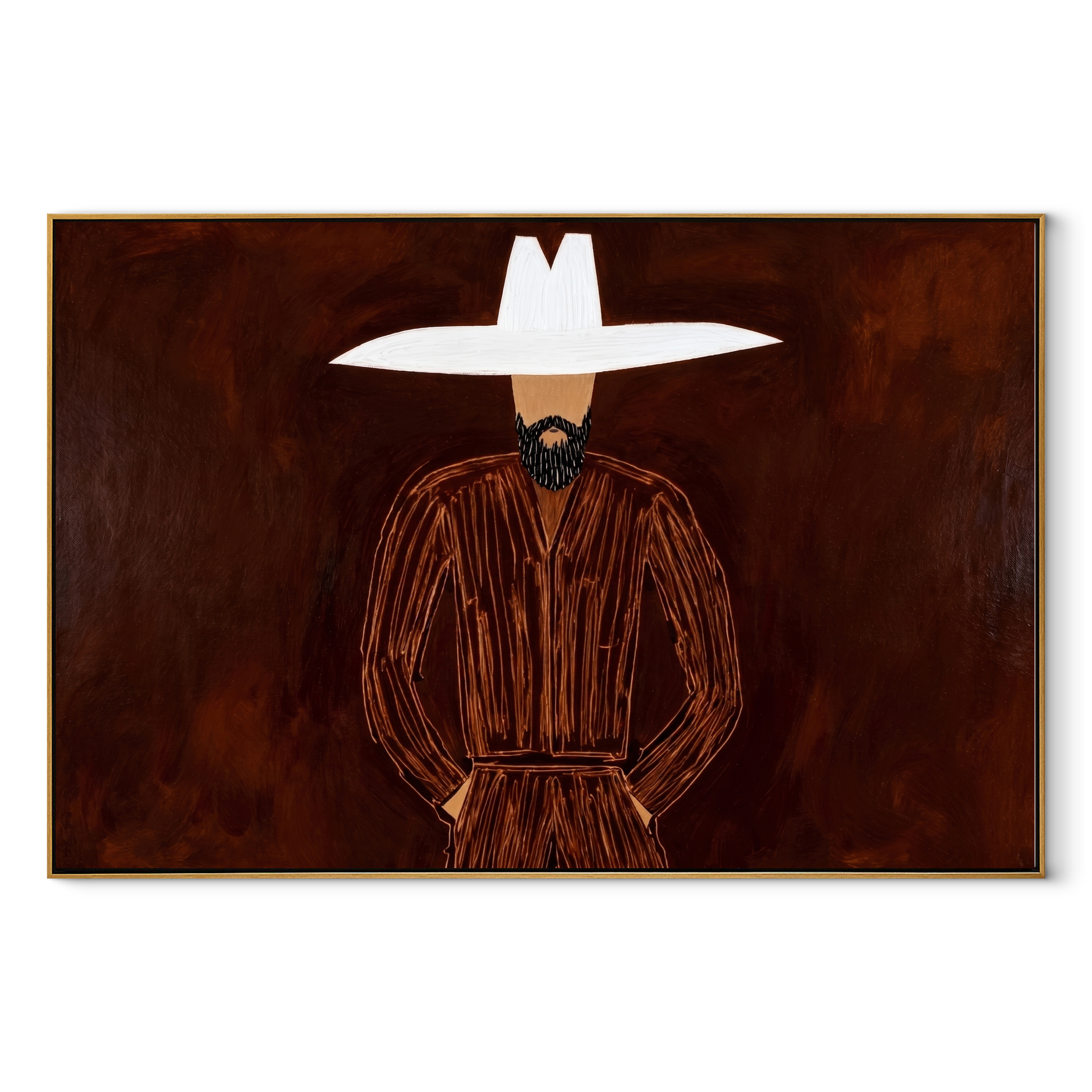 White Horizon Guards Umber - White Hat Brown Portrait painting by Adrian Lee, mid-century modern horizontal wall art – wood frame on white background