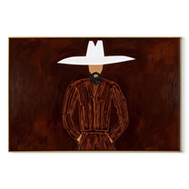 White Horizon Guards Umber - White Hat Brown Portrait painting by Adrian Lee, mid-century modern horizontal wall art – wood frame on white background