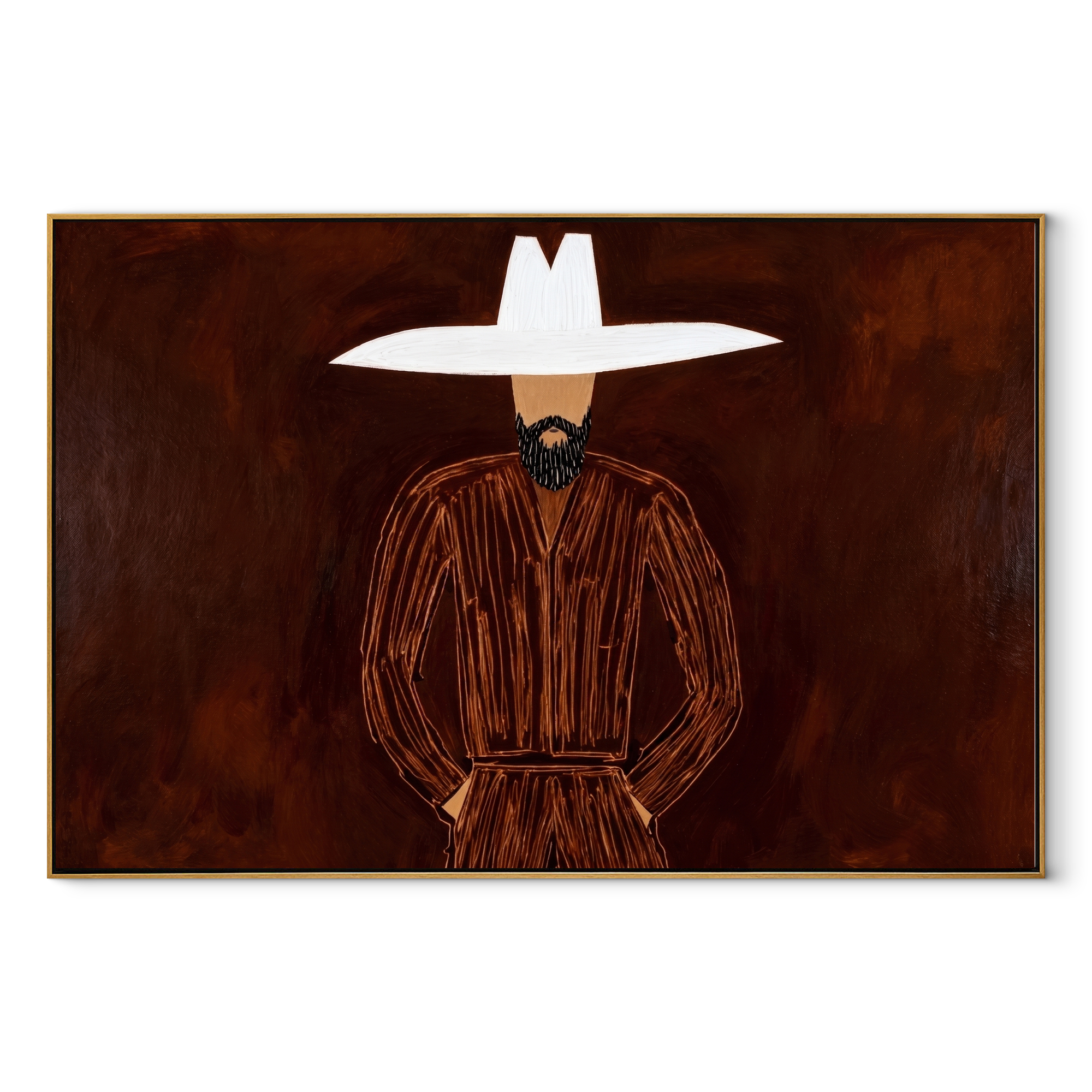 White Horizon Guards Umber - White Hat Brown Portrait painting by Adrian Lee, mid-century modern horizontal wall art – wood frame on white background