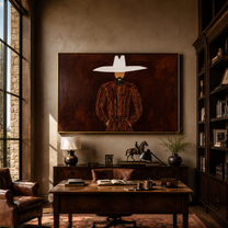 White Horizon Guards Umber - White Hat Brown Portrait painting by Adrian Lee, mid-century modern horizontal wall art – styled room scene view 2