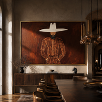 White Horizon Guards Umber - White Hat Brown Portrait painting by Adrian Lee, mid-century modern horizontal wall art – styled room scene view 3