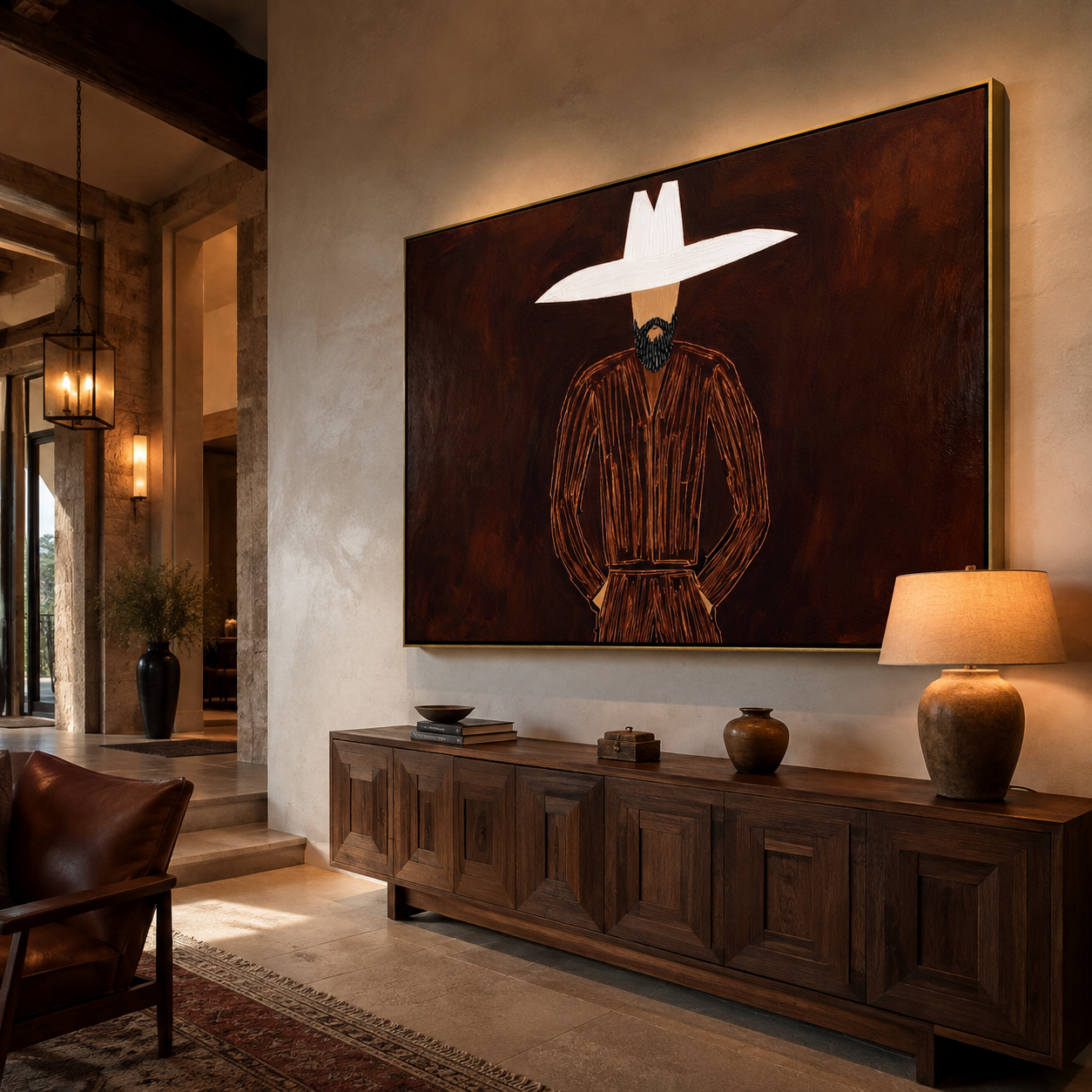 White Horizon Guards Umber - White Hat Brown Portrait painting by Adrian Lee, mid-century modern horizontal wall art – styled room scene view 4