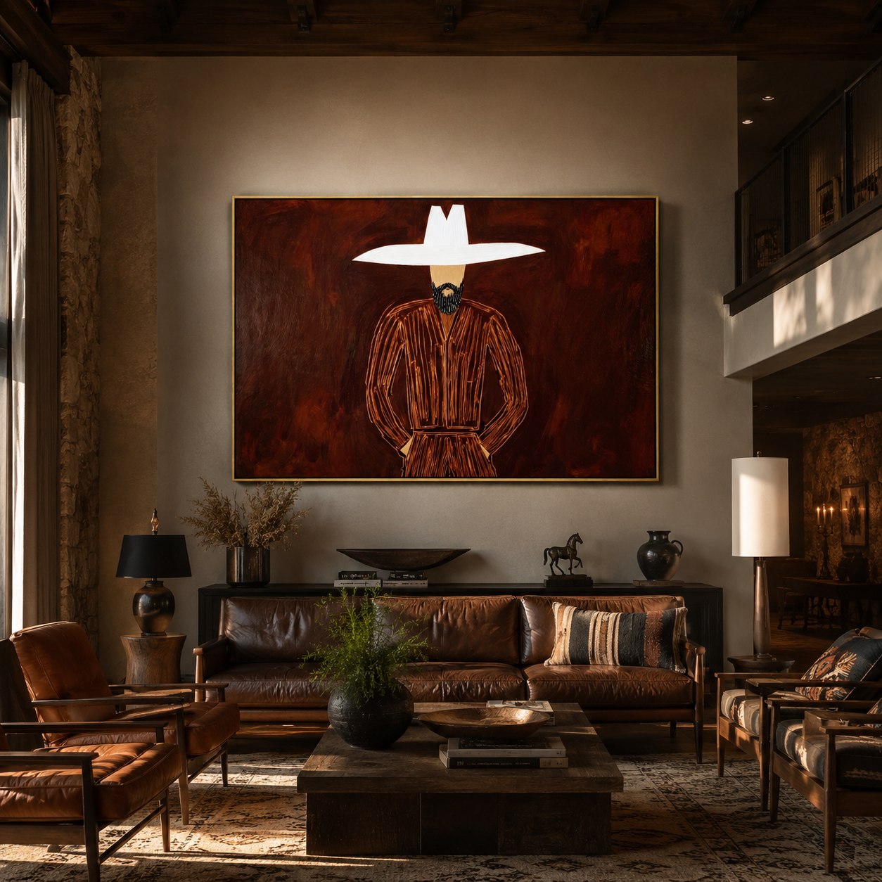 White Horizon Guards Umber - White Hat Brown Portrait painting by Adrian Lee, mid-century modern horizontal wall art – styled room scene view 5