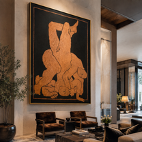 Terra Bodies Gather in Night - Abstract Figurative Embrace painting by Adrian Lee, mid-century modern vertical wall art – styled room scene view 1