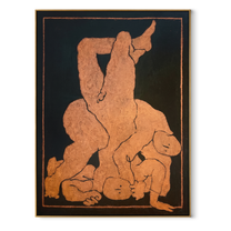 Terra Bodies Gather in Night - Abstract Figurative Embrace painting by Adrian Lee, mid-century modern vertical wall art – wood frame on white background