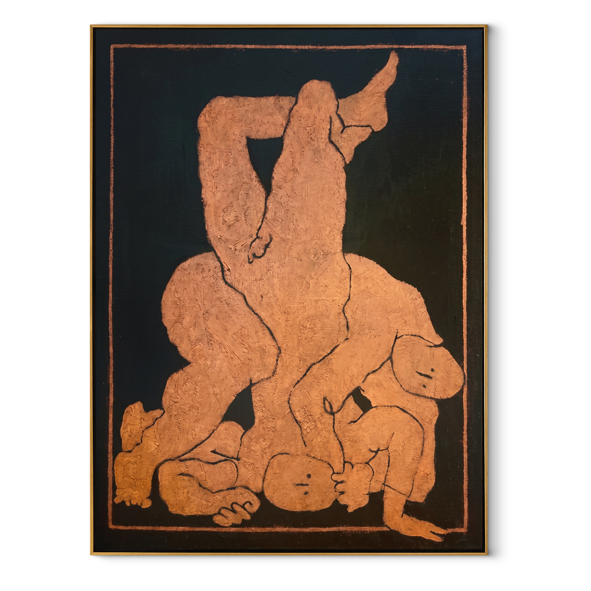 Terra Bodies Gather in Night - Abstract Figurative Embrace painting by Adrian Lee, mid-century modern vertical wall art – wood frame on white background