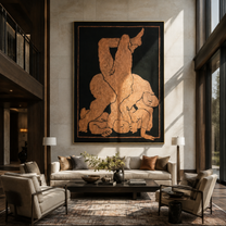 Terra Bodies Gather in Night - Abstract Figurative Embrace painting by Adrian Lee, mid-century modern vertical wall art – styled room scene view 2