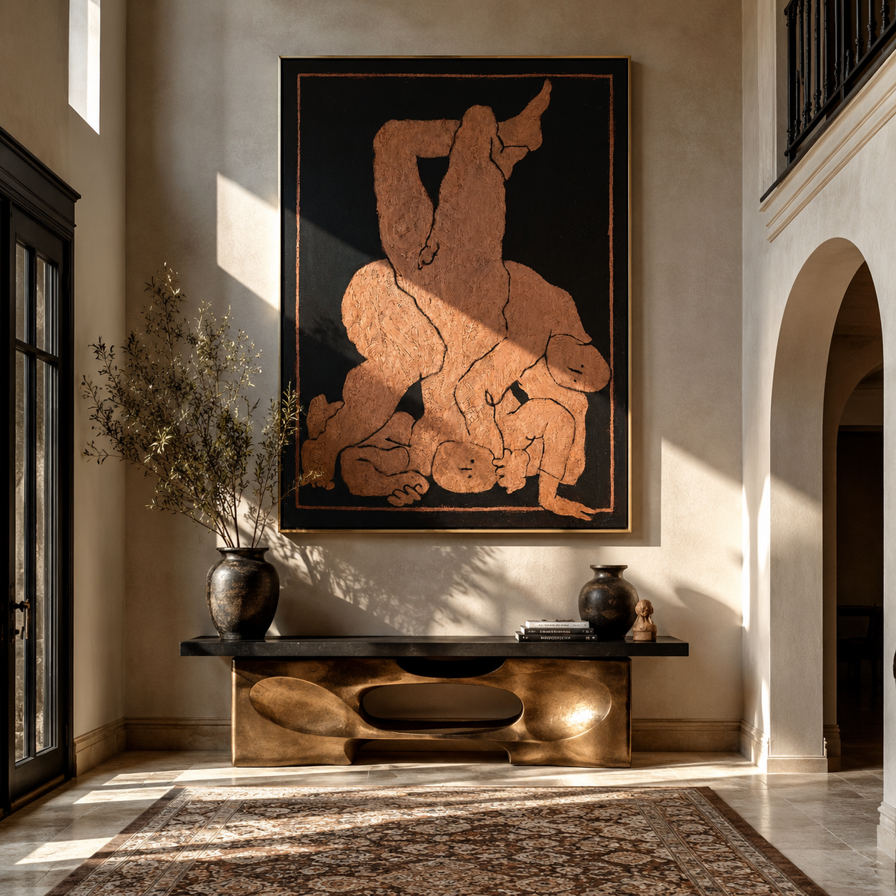 Terra Bodies Gather in Night - Abstract Figurative Embrace painting by Adrian Lee, mid-century modern vertical wall art – styled room scene view 3