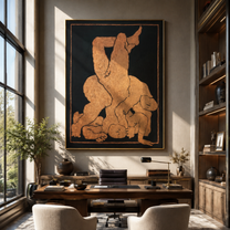Terra Bodies Gather in Night - Abstract Figurative Embrace painting by Adrian Lee, mid-century modern vertical wall art – styled room scene view 4