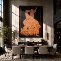 Terra Bodies Gather in Night - Abstract Figurative Embrace painting by Adrian Lee, mid-century modern vertical wall art – styled room scene view 5