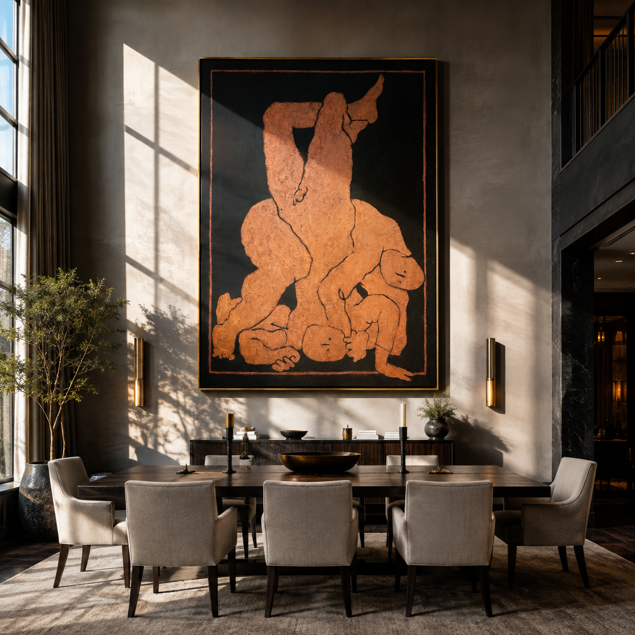 Terra Bodies Gather in Night - Abstract Figurative Embrace painting by Adrian Lee, mid-century modern vertical wall art – styled room scene view 5
