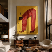 Red Arch Bends through Gold - Bending Red Stripe Figure painting by Adrian Lee, mid-century modern vertical wall art – styled room scene view 1