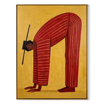 Red Arch Bends through Gold - Bending Red Stripe Figure painting by Adrian Lee, mid-century modern vertical wall art – wood frame on white background