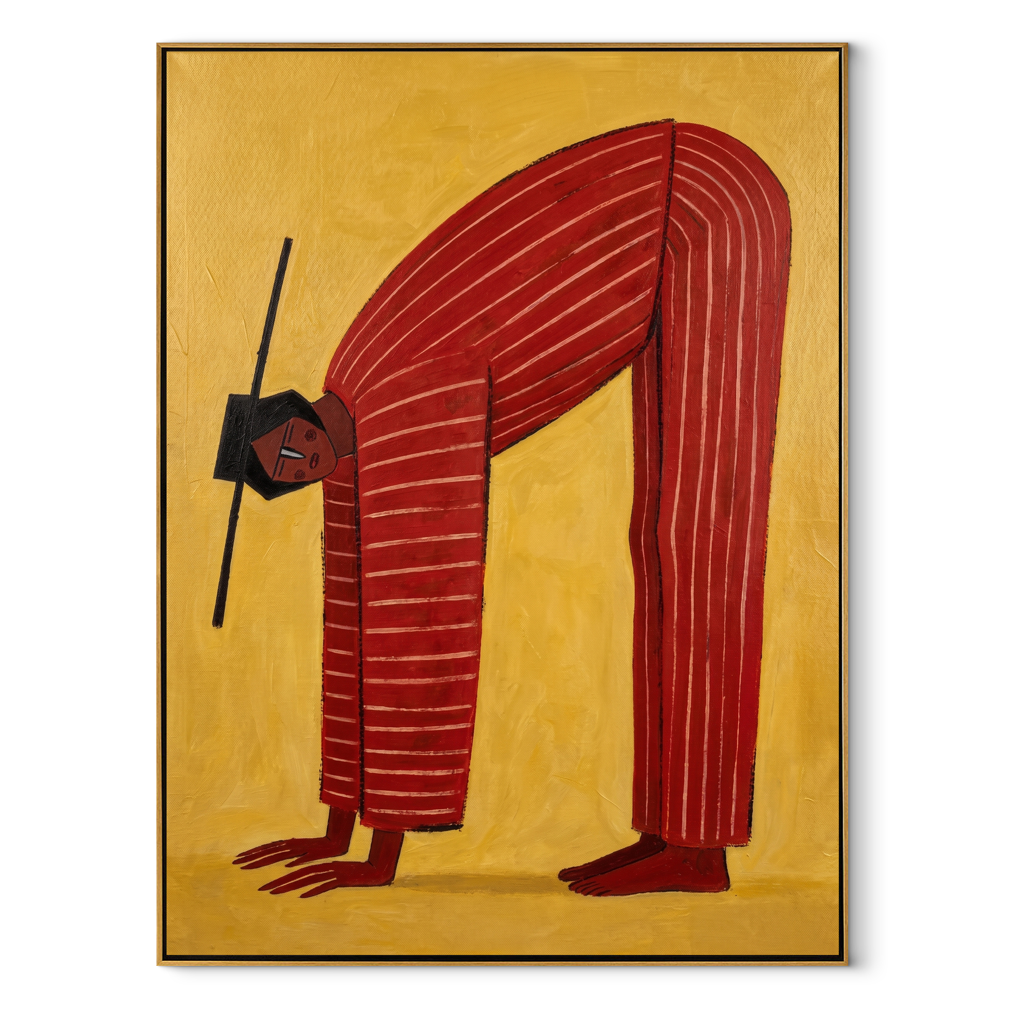 Red Arch Bends through Gold - Bending Red Stripe Figure painting by Adrian Lee, mid-century modern vertical wall art – wood frame on white background