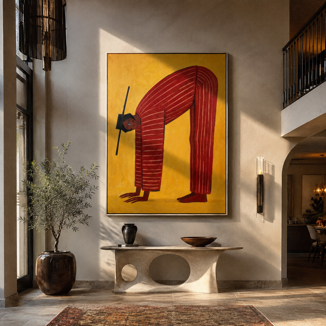 Red Arch Bends through Gold - Bending Red Stripe Figure painting by Adrian Lee, mid-century modern vertical wall art – styled room scene view 2