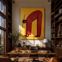 Red Arch Bends through Gold - Bending Red Stripe Figure painting by Adrian Lee, mid-century modern vertical wall art – styled room scene view 3