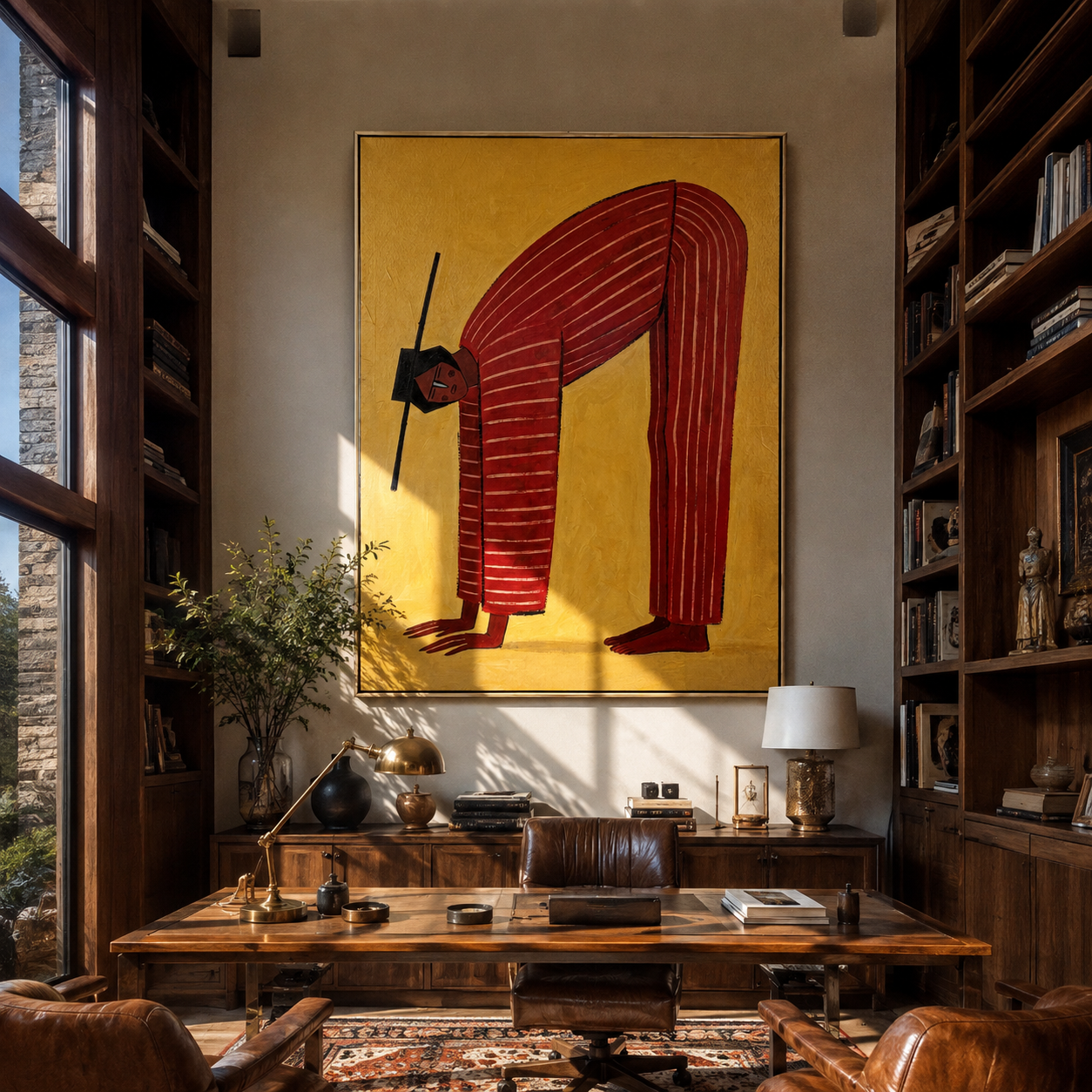 Red Arch Bends through Gold - Bending Red Stripe Figure painting by Adrian Lee, mid-century modern vertical wall art – styled room scene view 3