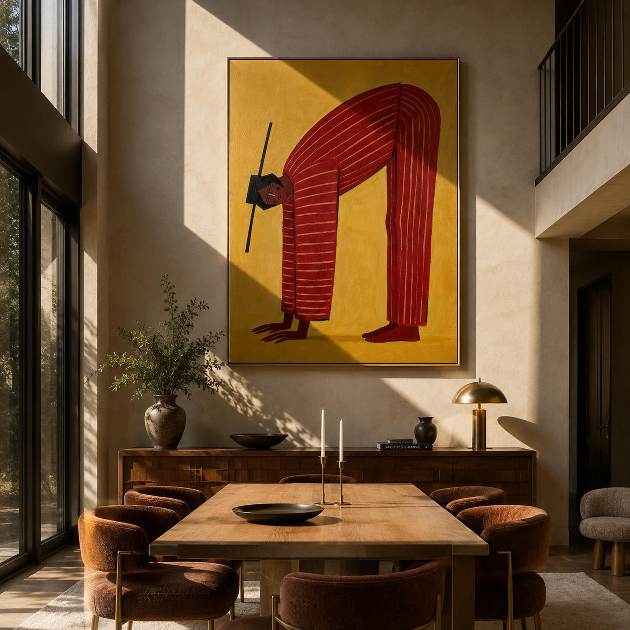 Red Arch Bends through Gold - Bending Red Stripe Figure painting by Adrian Lee, mid-century modern vertical wall art – styled room scene view 4