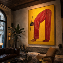Red Arch Bends through Gold - Bending Red Stripe Figure painting by Adrian Lee, mid-century modern vertical wall art – styled room scene view 5