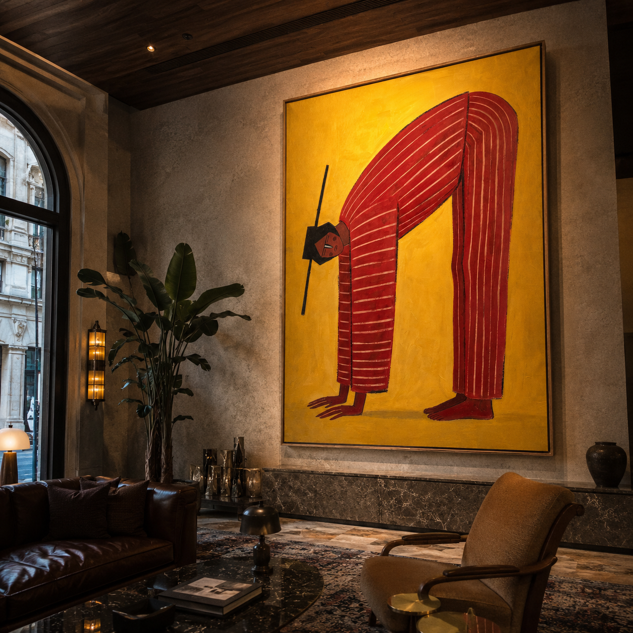 Red Arch Bends through Gold - Bending Red Stripe Figure painting by Adrian Lee, mid-century modern vertical wall art – styled room scene view 5