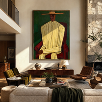 Ivory Robe Takes the Red Chair - Seated Ivory Robe Figure painting by Adrian Lee, mid-century modern vertical wall art – styled room scene view 1