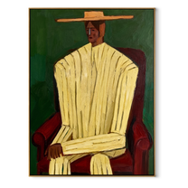 Ivory Robe Takes the Red Chair - Seated Ivory Robe Figure painting by Adrian Lee, mid-century modern vertical wall art – wood frame on white background