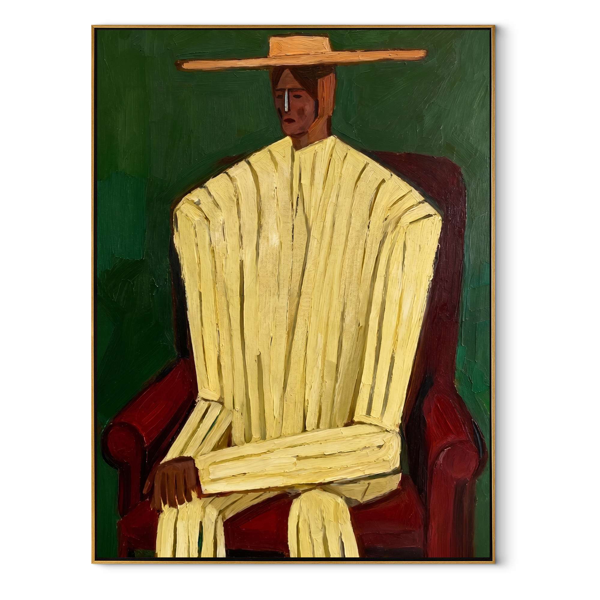 Ivory Robe Takes the Red Chair - Seated Ivory Robe Figure painting by Adrian Lee, mid-century modern vertical wall art – wood frame on white background