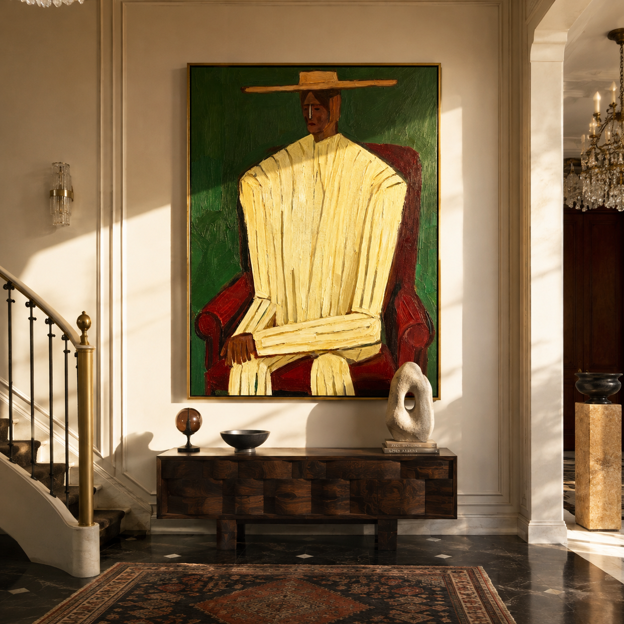 Ivory Robe Takes the Red Chair - Seated Ivory Robe Figure painting by Adrian Lee, mid-century modern vertical wall art – styled room scene view 2