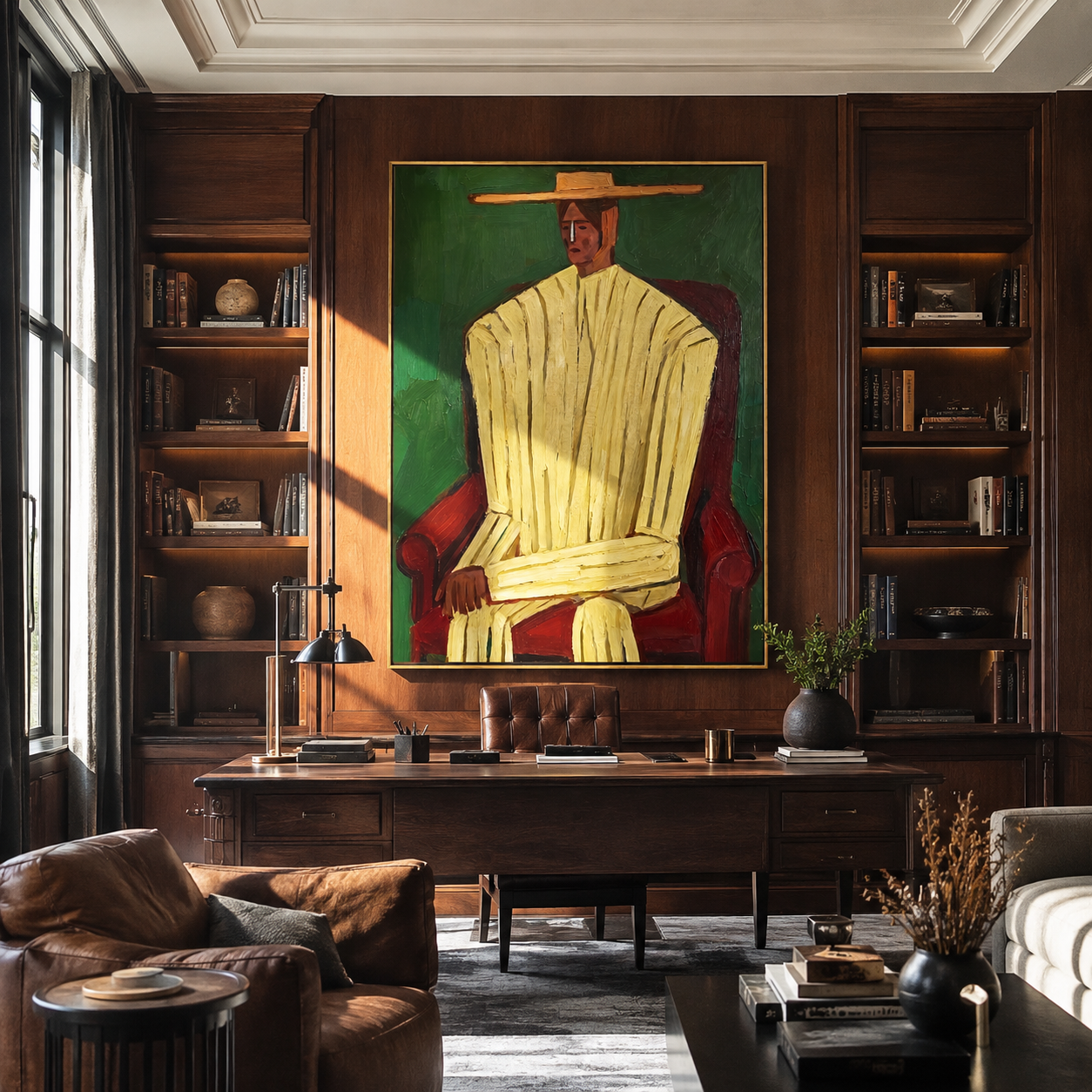 Ivory Robe Takes the Red Chair - Seated Ivory Robe Figure painting by Adrian Lee, mid-century modern vertical wall art – styled room scene view 3