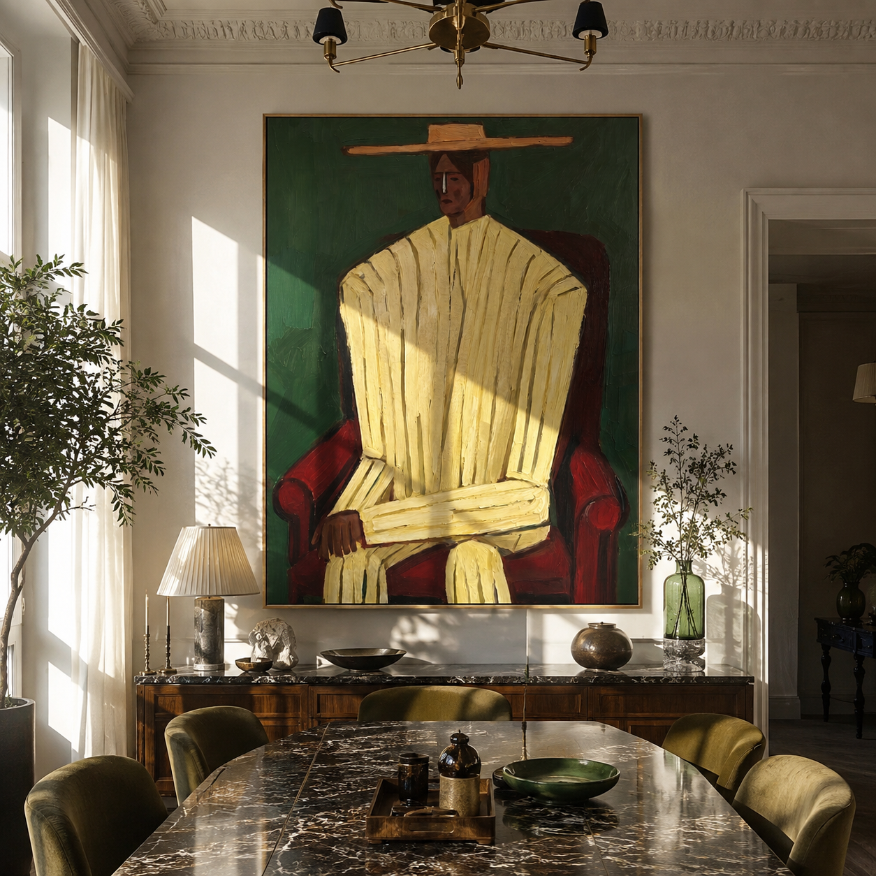 Ivory Robe Takes the Red Chair - Seated Ivory Robe Figure painting by Adrian Lee, mid-century modern vertical wall art – styled room scene view 4